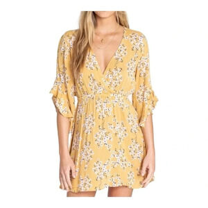 Billabong Yellow Love Light Floral Boho Print Dress Bell Sleeves Festival —Small